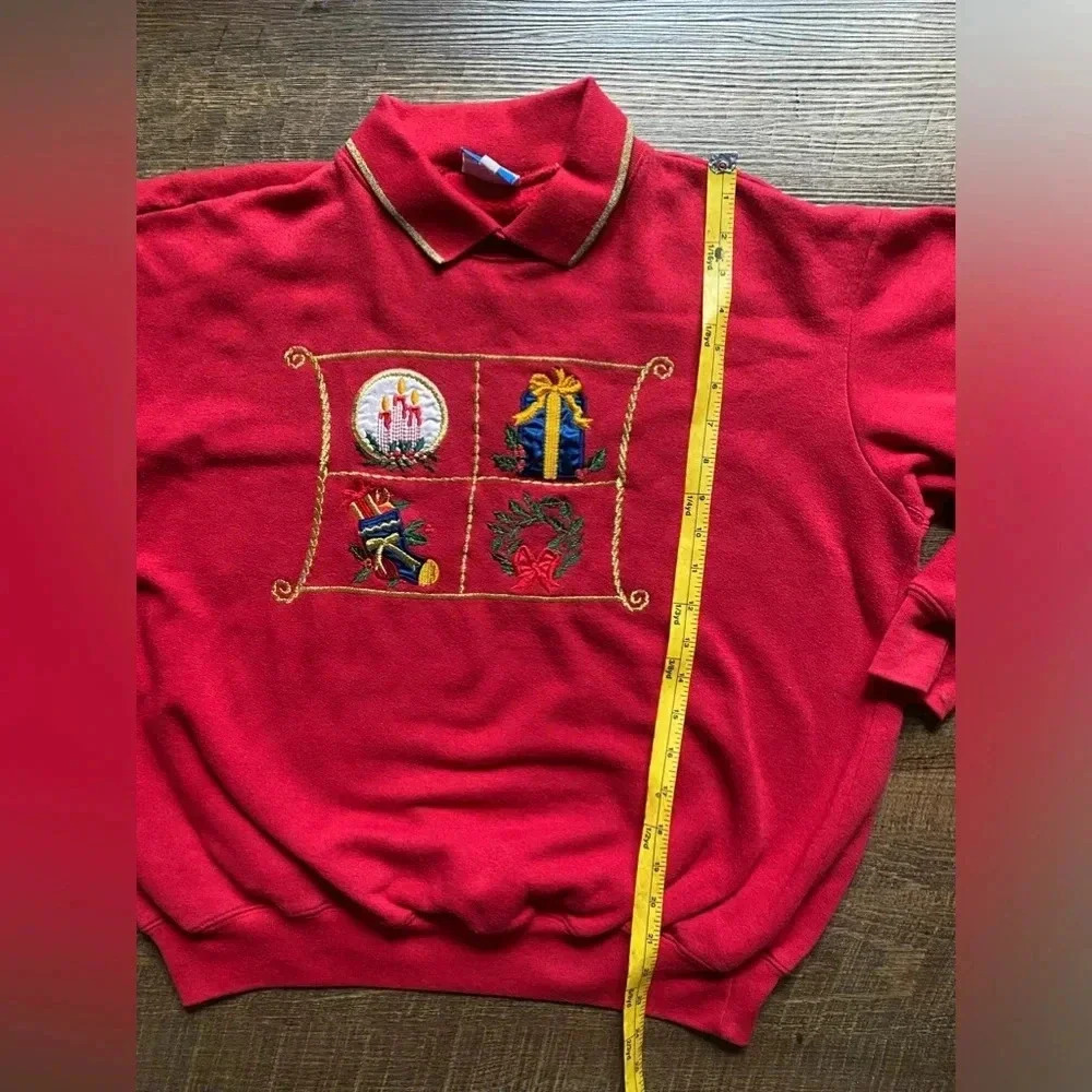 Ugly Christmas sweatshirt 80s Granny-core polo collar size M red sweater - Picture 6 of 8